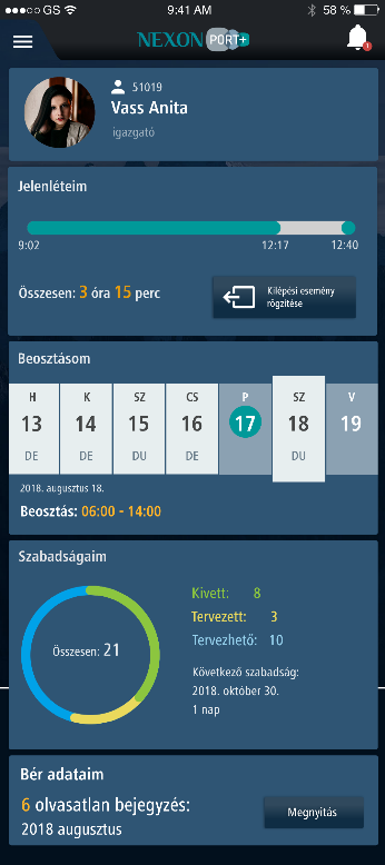 NEXON_PORT+ önkiszolgáló HR-mobilapplikáció nyitóképernyő